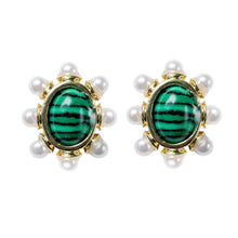 Load image into Gallery viewer, Green Malachite and Pearl Oval Stud Earrings