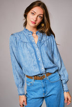 Load image into Gallery viewer, Ruffle Neck Denim Snap Button Shirt