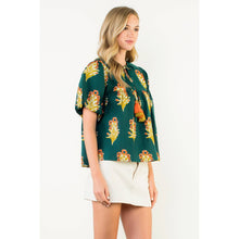 Load image into Gallery viewer, Green Puff Sleeve Floral Detailed Tie Tassel Top