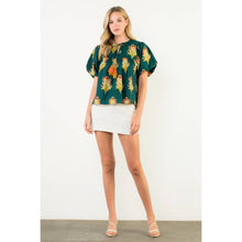 Load image into Gallery viewer, Green Puff Sleeve Floral Detailed Tie Tassel Top