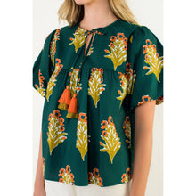 Load image into Gallery viewer, Green Puff Sleeve Floral Detailed Tie Tassel Top