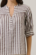 Load image into Gallery viewer, Catana Tan & White Striped Split Neck Top