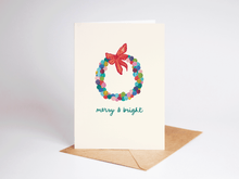 Load image into Gallery viewer, Colorful Merry & Bright Bauble Wreath Holiday Greeting Card