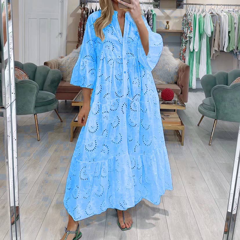 Blue Eyelet V-Neck Flowy Summer Dress – Prickly Pear HTX