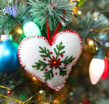 Load image into Gallery viewer, Heart Embroidered Wool Christmas Ornament: White