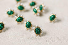 Load image into Gallery viewer, Green Malachite and Pearl Oval Stud Earrings