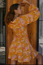 Load image into Gallery viewer, Shayla Ruffle Wrap Mini Dress - Golden Birds