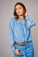 Load image into Gallery viewer, Ruffle Neck Denim Snap Button Shirt