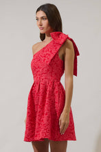 Load image into Gallery viewer, Zarah Jacquard Ivine Bow Mini Dress - Red