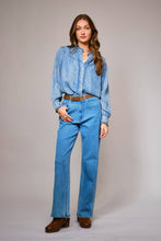 Load image into Gallery viewer, Ruffle Neck Denim Snap Button Shirt