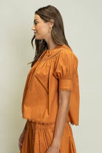 Load image into Gallery viewer, Scallop Trim Embroidered Puff Sleeve Top - Rust