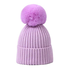 Load image into Gallery viewer, Tiny Trendsetter Kids Purple Pom Pom Hat