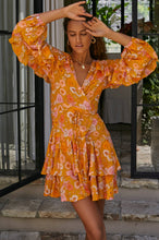 Load image into Gallery viewer, Shayla Ruffle Wrap Mini Dress - Golden Birds