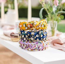 Load image into Gallery viewer, Morning Glory Blue Jeweled Floral Silk Headband