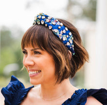 Load image into Gallery viewer, Morning Glory Blue Jeweled Floral Silk Headband