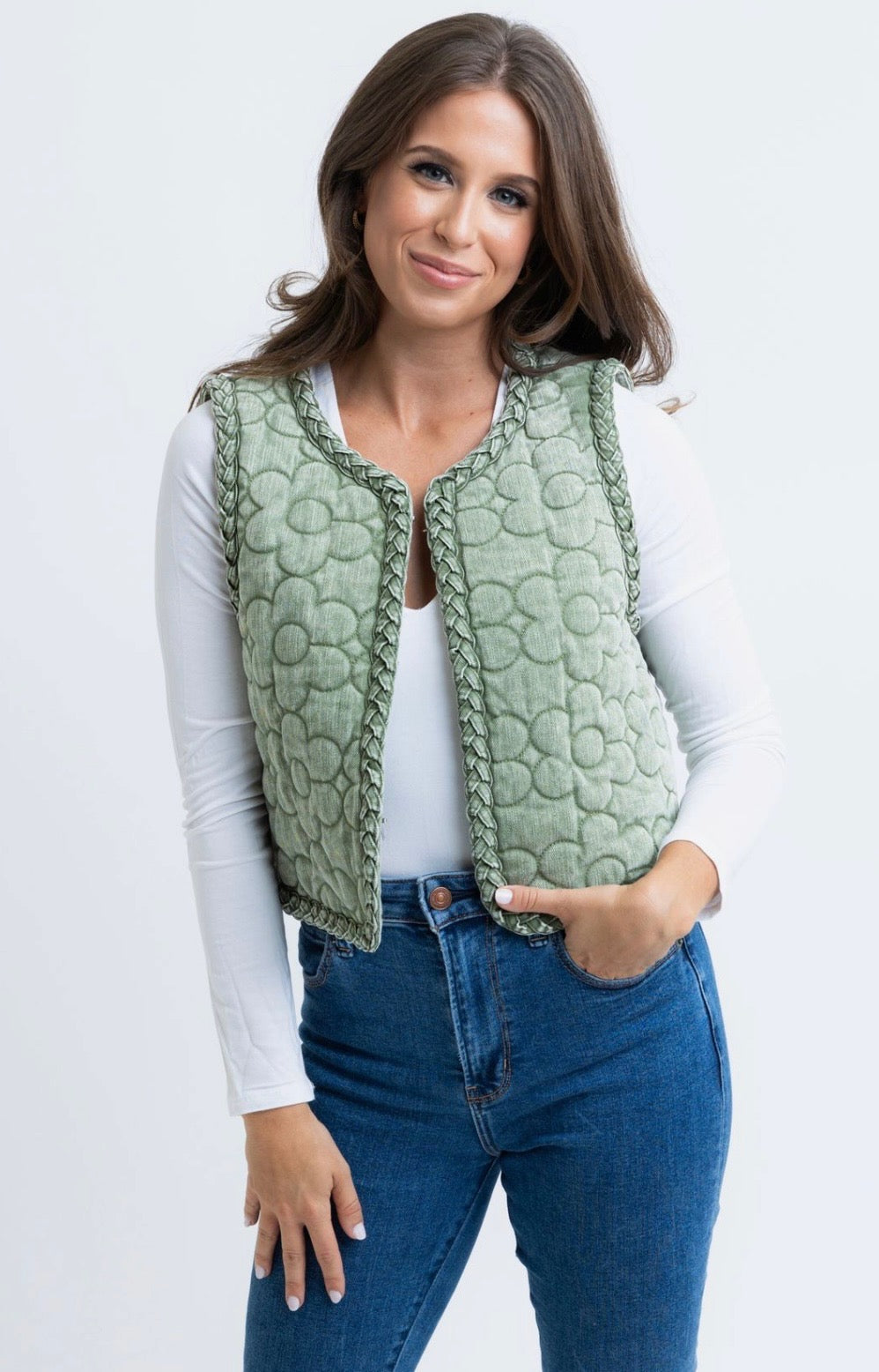 Olive Denim Floral Vest