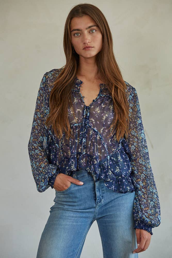 Navy Floral Print Long Sleeve Ruffle Button Down Top