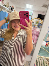 Load image into Gallery viewer, Catana Tan &amp; White Striped Split Neck Top
