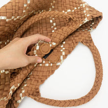 Load image into Gallery viewer, The Charli Large Woven Neoprene Tote with Wristlet: Cocoa with Gold Stripe
