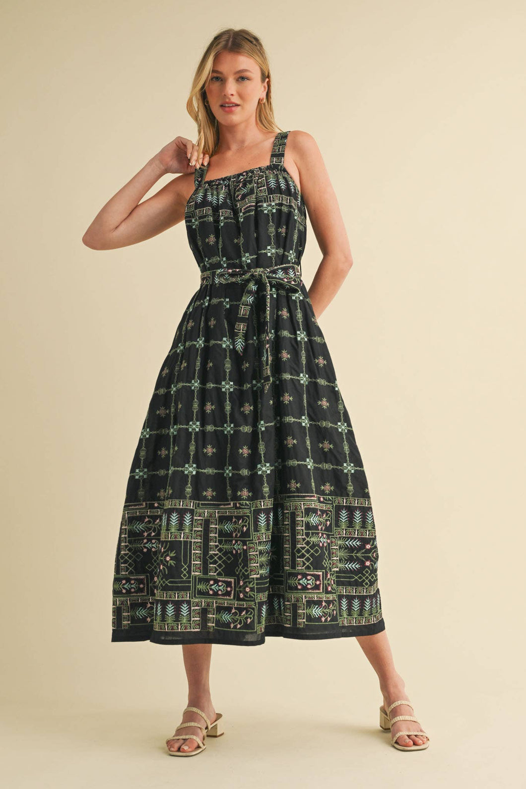 Embroidered Black Midi Dress