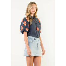 Load image into Gallery viewer, Embroidered Navy Flower Puff Sleeve Tassel Top
