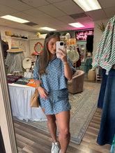 Load image into Gallery viewer, Denim Polka Dot Puff Sleeve Button Top
