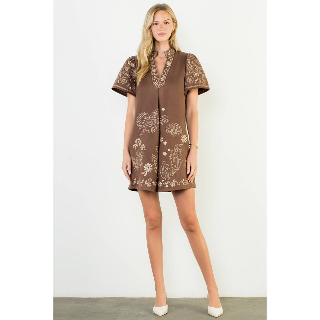 Brown Short Sleeve Embroidered Detail Dress
