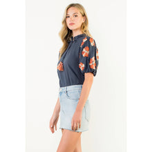 Load image into Gallery viewer, Embroidered Navy Flower Puff Sleeve Tassel Top
