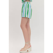 Load image into Gallery viewer, Blue &amp; Green Striped High Waist Shorts
