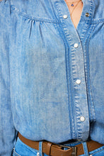 Load image into Gallery viewer, Ruffle Neck Denim Snap Button Shirt
