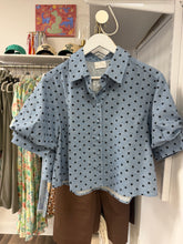Load image into Gallery viewer, Denim Polka Dot Puff Sleeve Button Top
