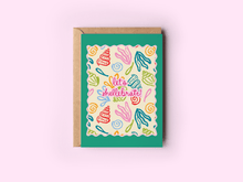 Load image into Gallery viewer, Let's Shellebrate! Seashell Beach Coastal Greeting Card
