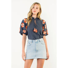 Load image into Gallery viewer, Embroidered Navy Flower Puff Sleeve Tassel Top

