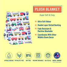 Load image into Gallery viewer, Trains Planes and Trucks Plush Blanket - Blue
