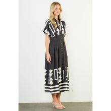 Load image into Gallery viewer, Black Button Down Geo Print Midi Dress
