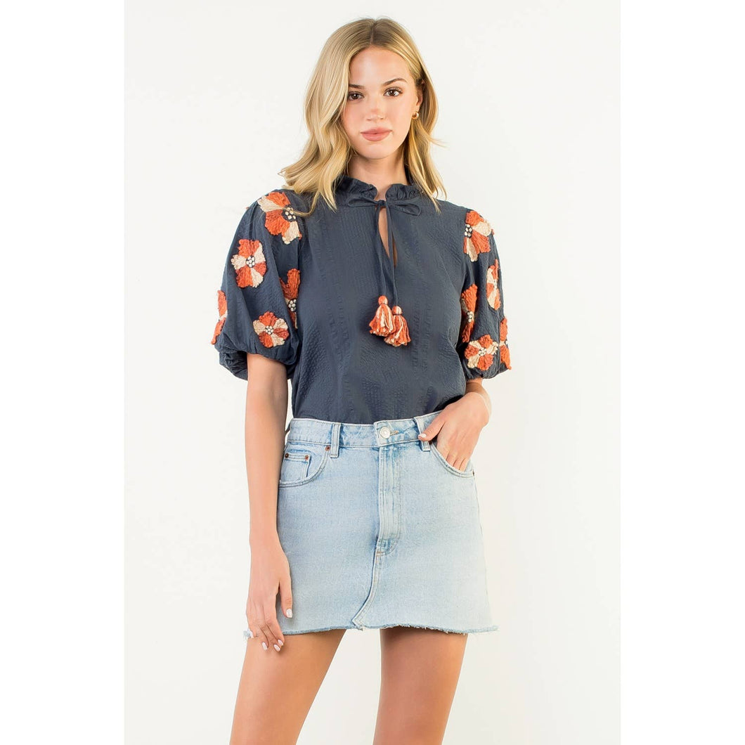 Embroidered Navy Flower Puff Sleeve Tassel Top