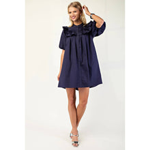 Load image into Gallery viewer, Puff Sleeve Navy Ruffle Dress
