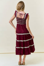 Load image into Gallery viewer, Burgundy Smocked Ruffle Maxi Dress
