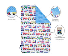 Load image into Gallery viewer, Trains Planes and Trucks Plush Blanket - Blue
