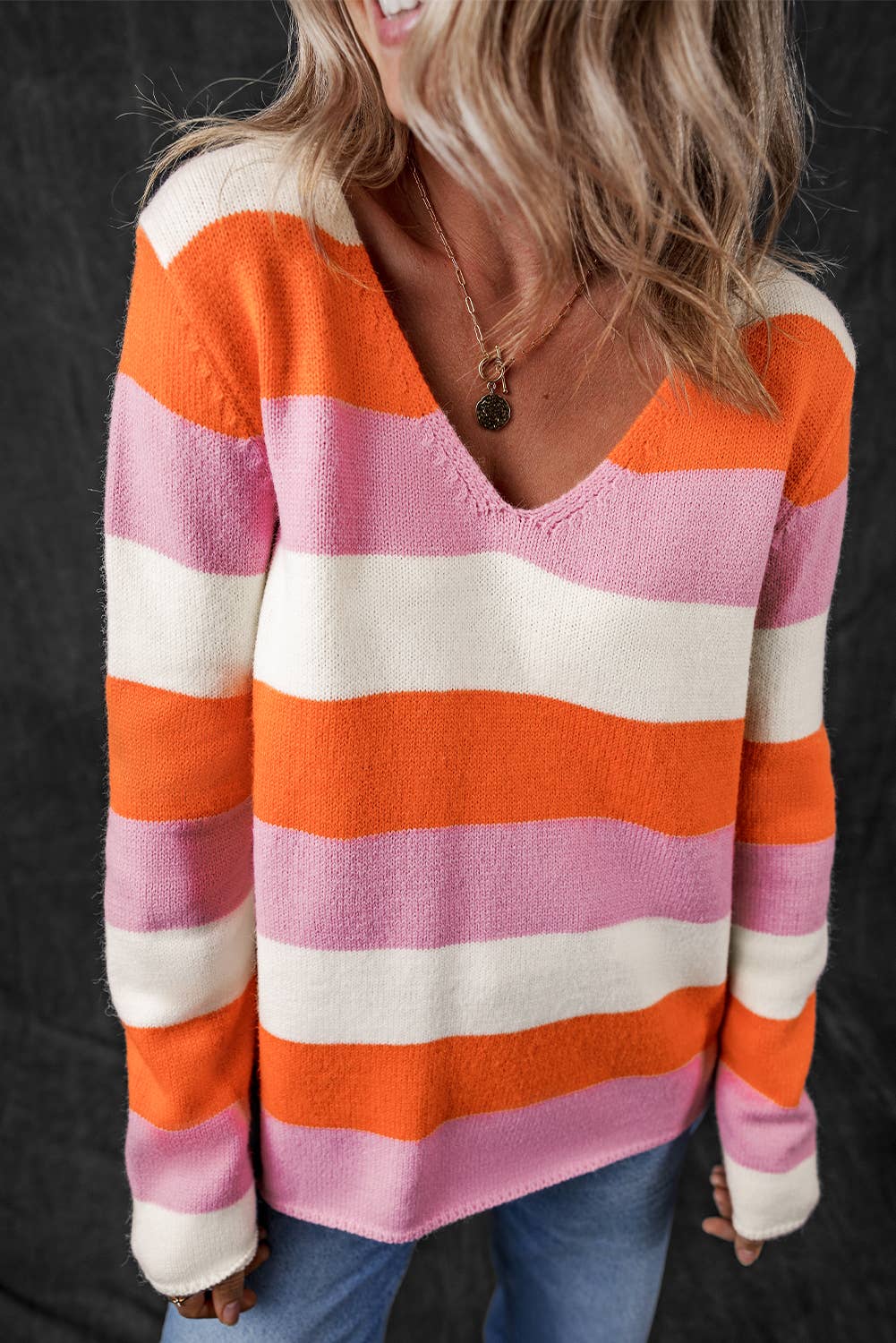 V Neck Casual Sweater - Orange Stripe