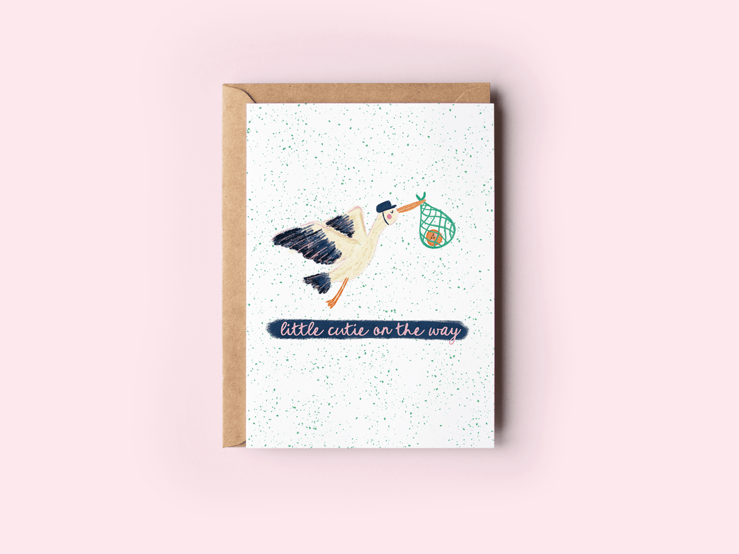 Little Cutie On the Way Stork Orange New Baby Greeting Card