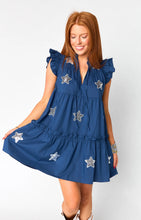 Load image into Gallery viewer, Aubrey Ruffle Short Dress - Navy/Silver Star
