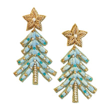 Load image into Gallery viewer, Blue Raffia Christmas Tree Earrings
