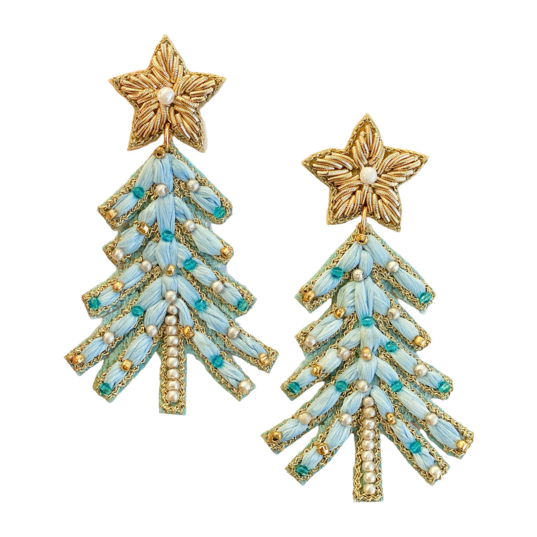 Blue Raffia Christmas Tree Earrings