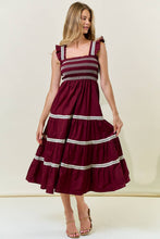 Load image into Gallery viewer, Burgundy Smocked Ruffle Maxi Dress

