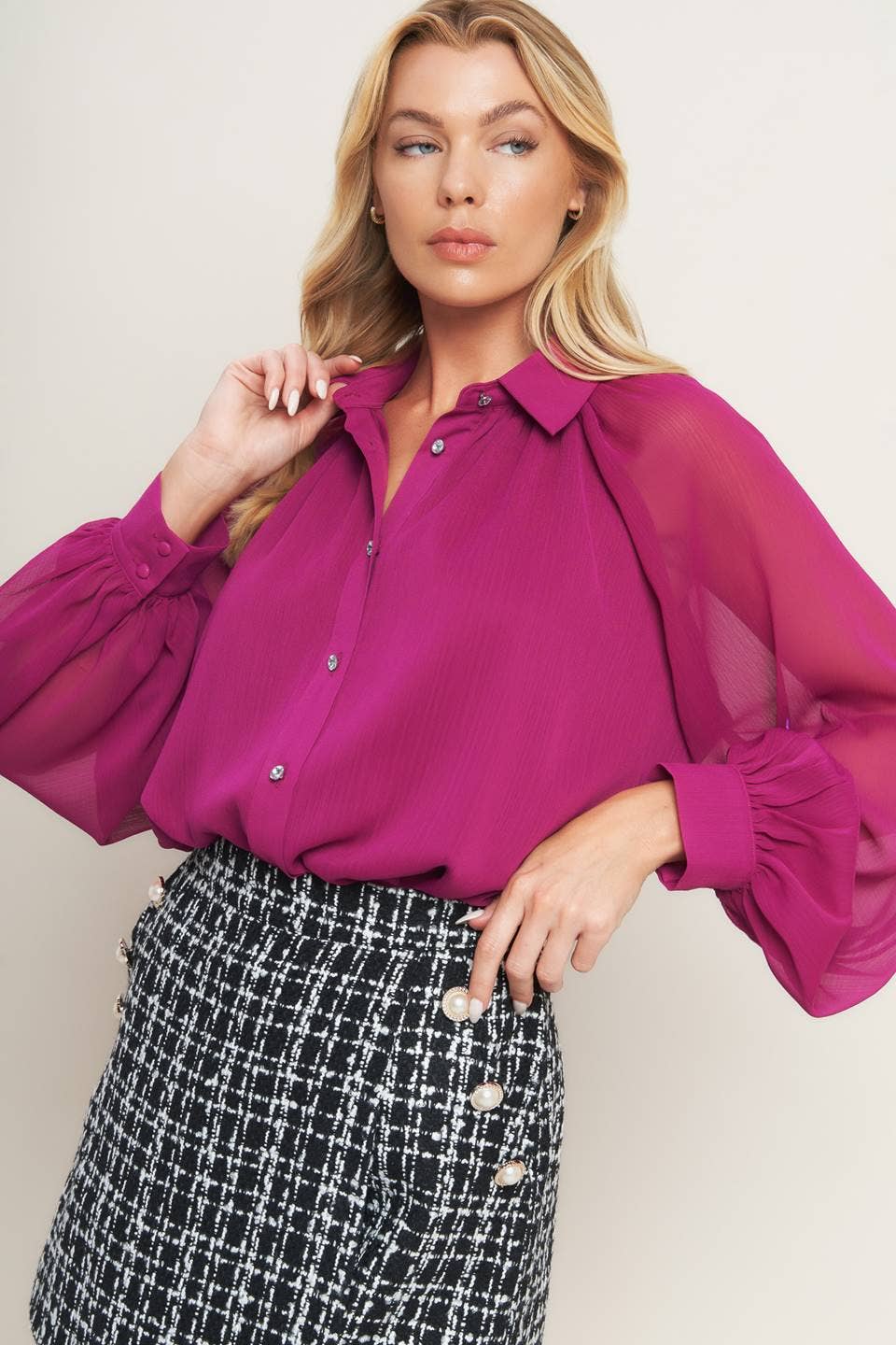 Berry Raglan Sleeve Button Down Top