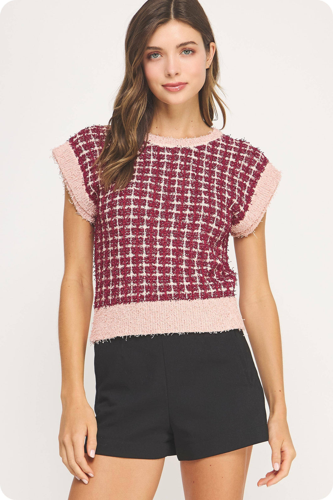 Sleeveless Check Tweed Knit Sweater Top