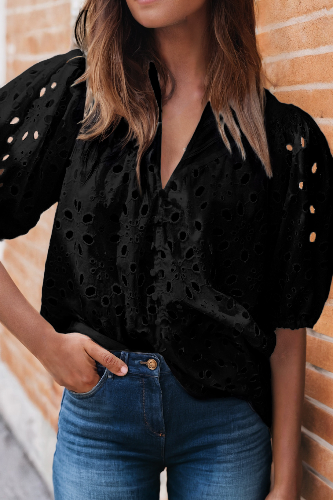 Black Eyelet Puff Sleeve Blouse