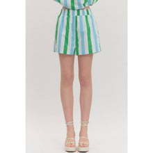 Load image into Gallery viewer, Blue &amp; Green Striped High Waist Shorts
