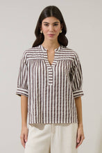 Load image into Gallery viewer, Catana Tan &amp; White Striped Split Neck Top
